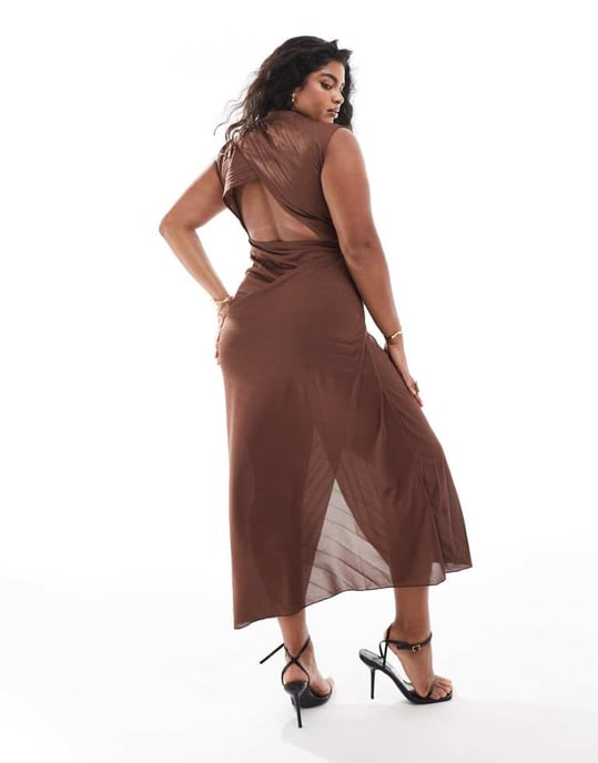 ASOS DESIGN Curve high neck pleated maxi dress with drape wrap skirt in chocolate - Image 3