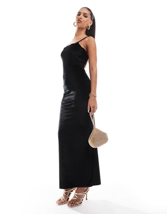 ASOS DESIGN velvet square neck cami maxi dress with lace up back in black ASOS DESIGN velvet square neck cami maxi dress with lace up back in black