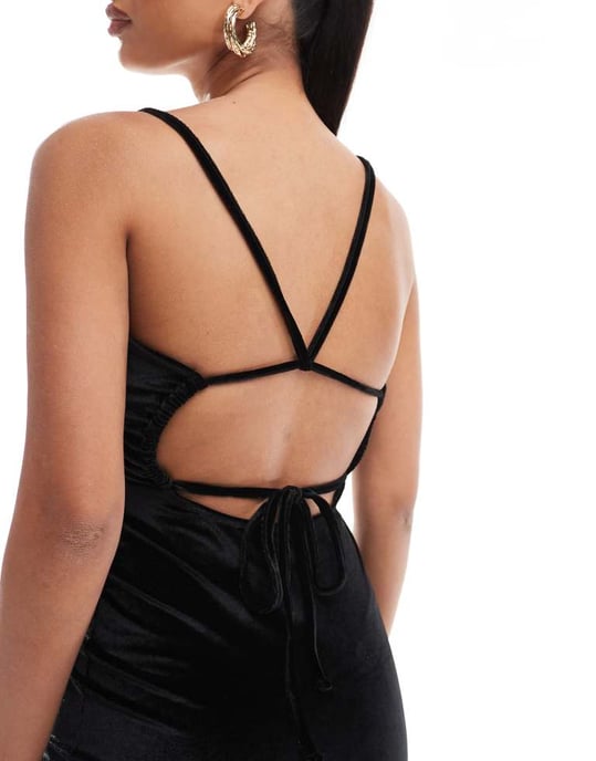 ASOS DESIGN velvet square neck cami maxi dress with lace up back in black ASOS DESIGN velvet square neck cami maxi dress with lace up back in black