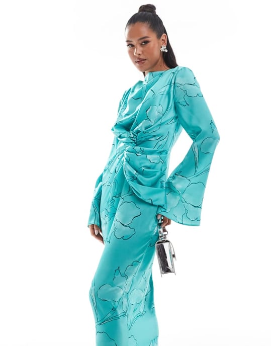 ASOS DESIGN twist front fluted sleeve maxi dress in jade outline floral print - Image 2