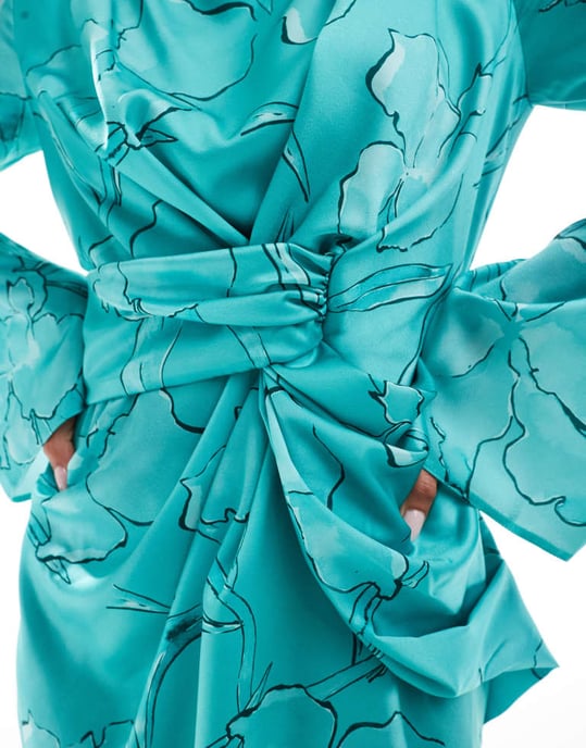 ASOS DESIGN twist front fluted sleeve maxi dress in jade outline floral print - Image 3