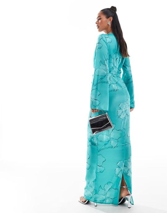 ASOS DESIGN twist front fluted sleeve maxi dress in jade outline floral print - Image 4