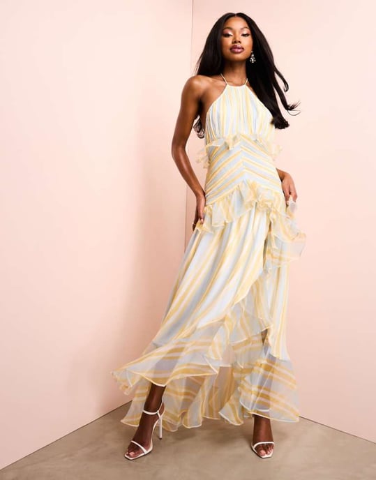 asos luxe organza ruched halter neck maxi dress in stripe print bridesmaiddress