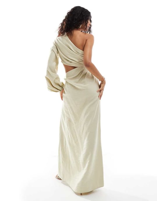 ASOS DESIGN one shoulder maxi dress with blouson sleeve and waist cut out in cream - Image 4
