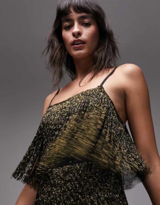 Topshop metallisk frans maxi klänning i guld och svart - Image 3