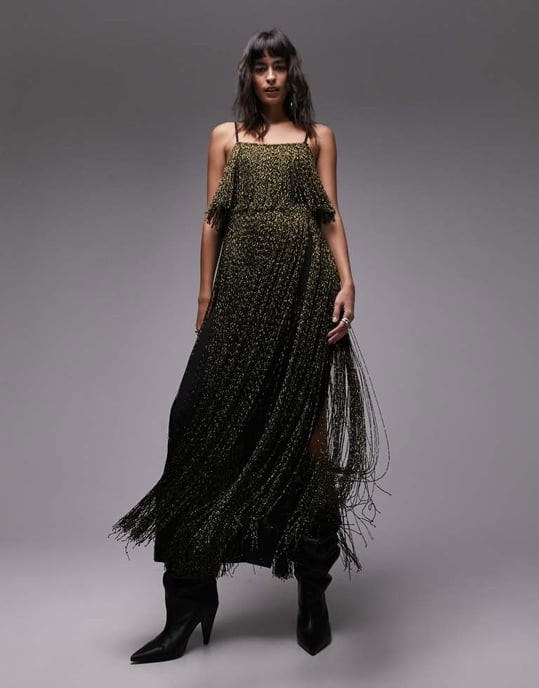 Topshop metallisk frans maxi klänning i guld och svart - Image 4