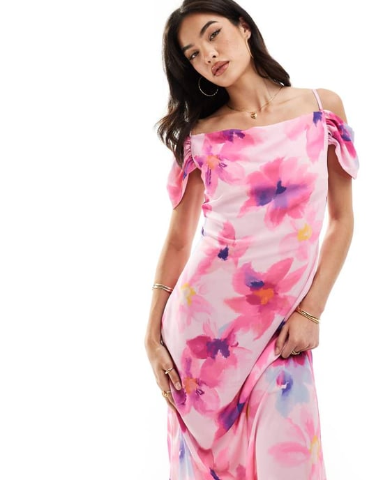 Vero Moda – Rosa blommig maxiklänning med bar axel - Image 2