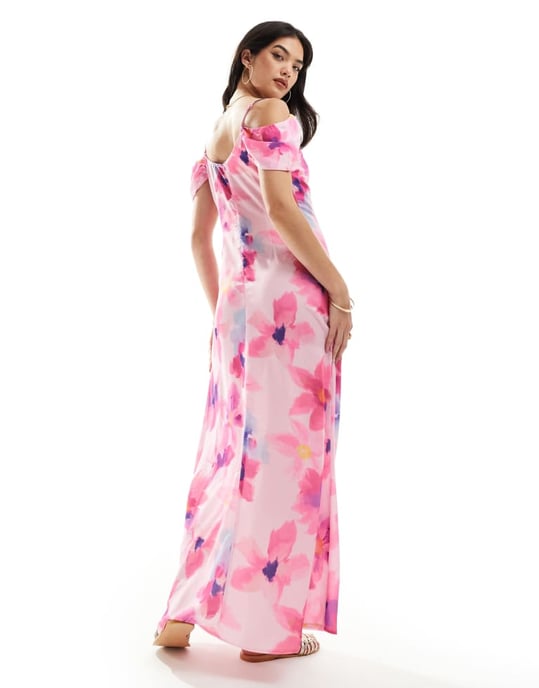 Vero Moda – Rosa blommig maxiklänning med bar axel - Image 3