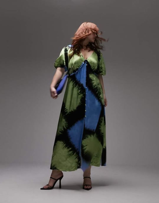 Topshop Curve – Blå och grön maxiklänning med v-ringning och utsvängda ärmar - Image 4