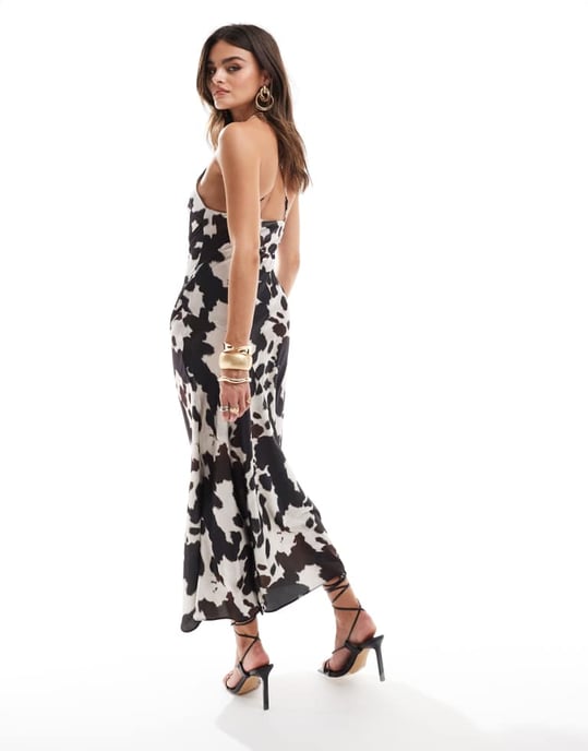 ASOS DESIGN maxi bias slip dress with trim detail in cow print - Image 4