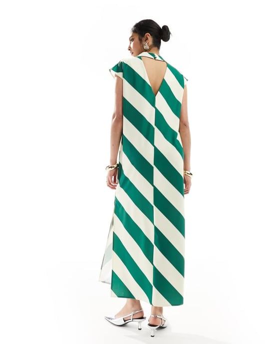 ASOS DESIGN – Grönrandig maxiklänning med hög halsringning och pelarmönster - Image 4