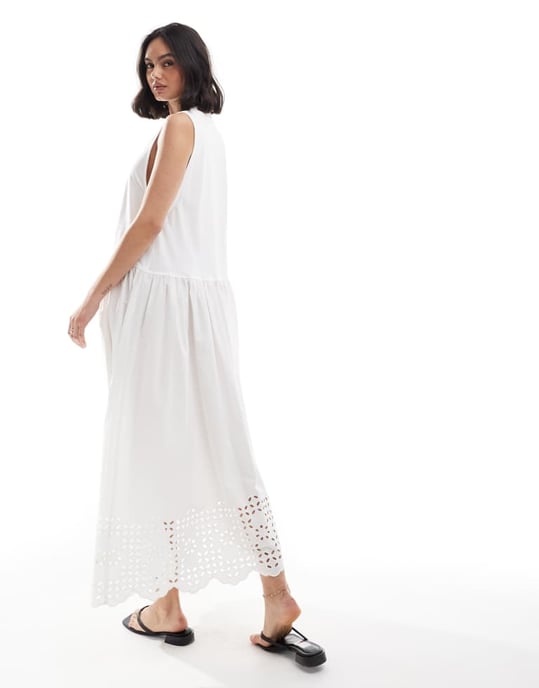 ASOS DESIGN – Vit, ribbad maxiklänning med linne och poplin-broderad kjol i nederkant - Image 3