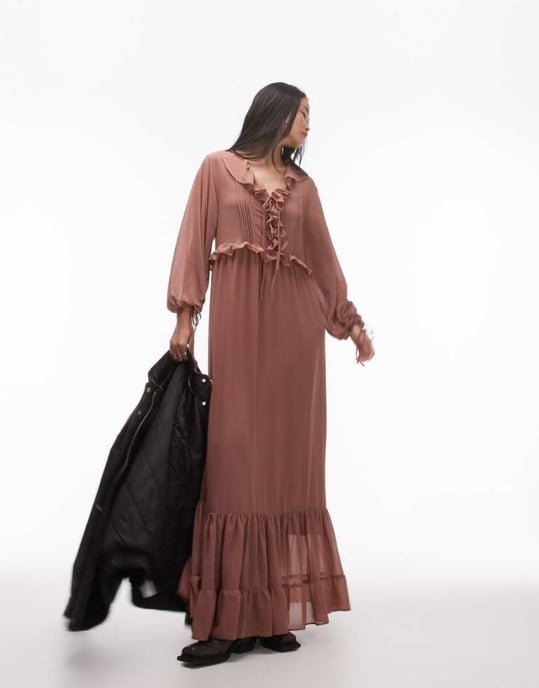 Topshop long sleeve maxi dress with pintuck detail in spice - Image 1