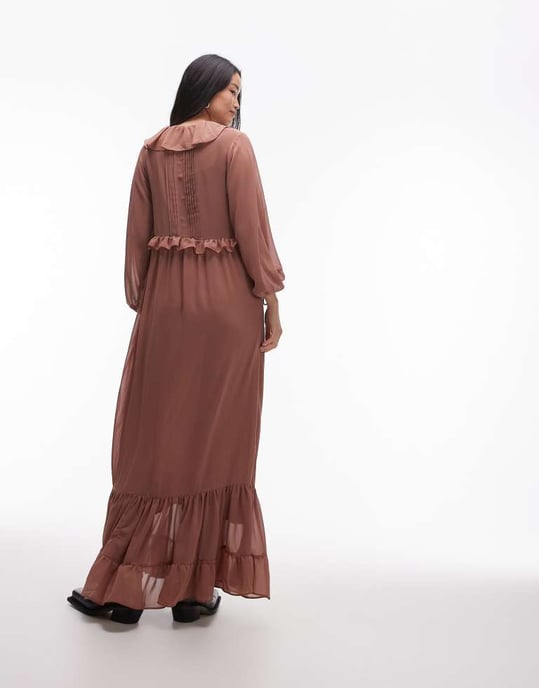 Topshop long sleeve maxi dress with pintuck detail in spice - Image 3