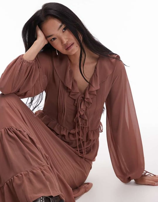 Topshop long sleeve maxi dress with pintuck detail in spice - Image 4