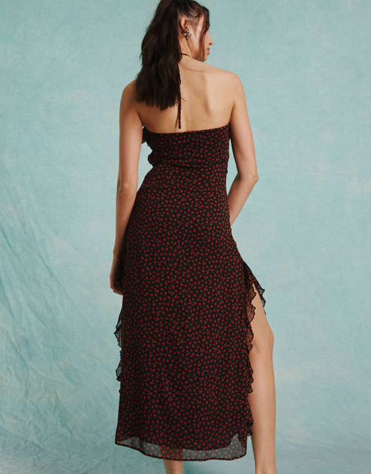 Miss Selfridge – Rosmönstrad maxiklänning i chiffong med corsage och halterneck - Image 4