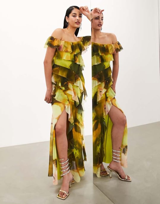 ASOS EDITION – Grön blommig chiffongklänning med bardot-motiv och volang - Image 1