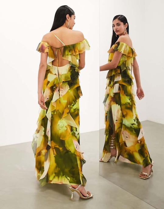ASOS EDITION – Grön blommig chiffongklänning med bardot-motiv och volang - Image 4