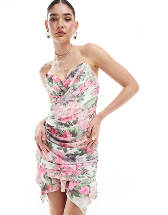 ASOS DESIGN – Blommig draperad miniklänning med struktur och bandeaumönster - Image 1
