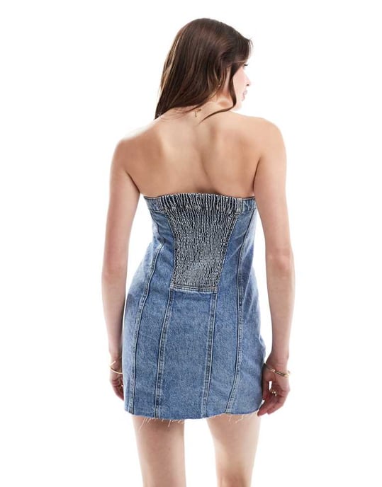 ONLY – Blå miniklänning i denim med korsettknappar - Image 3