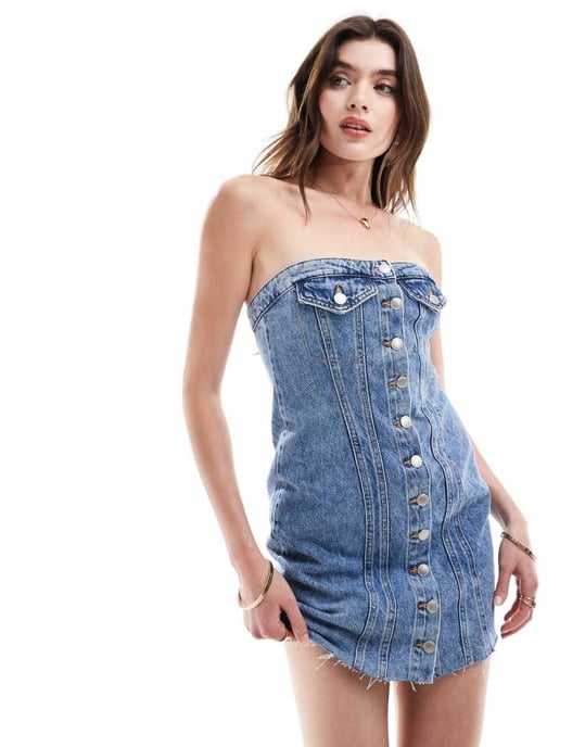 ONLY – Blå miniklänning i denim med korsettknappar - Image 4