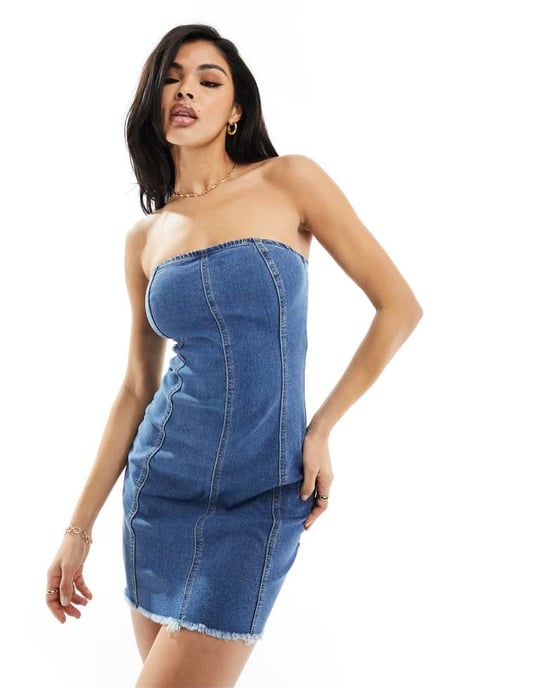 In The Style – Blå denimklänning i bandeau-modell - Image 2