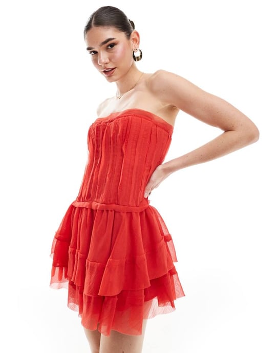 ASOS DESIGN – Röd bandeau-miniklänning med råa kanter - Image 4