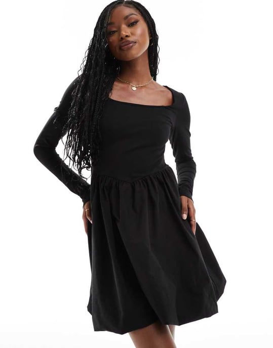 ASOS DESIGN – Svart miniklänning med fyrkantig halsringning och långärmad passform - Image 2