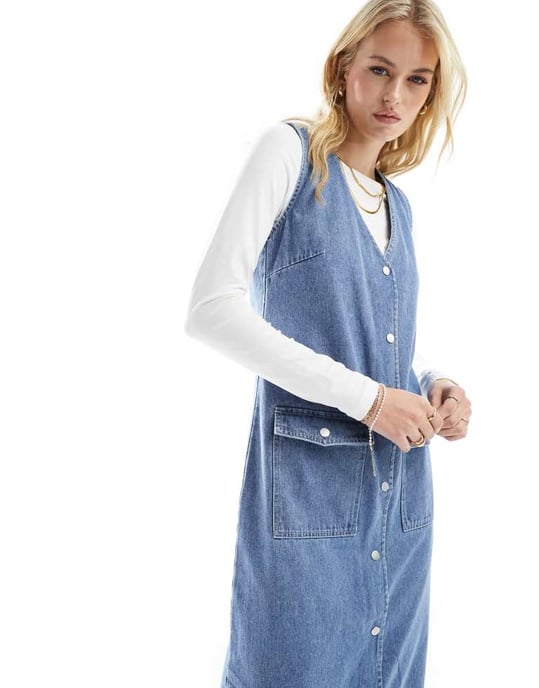 Vero Moda Tall – Blå ärmlös maxiklänning i denim med knappar - Image 3