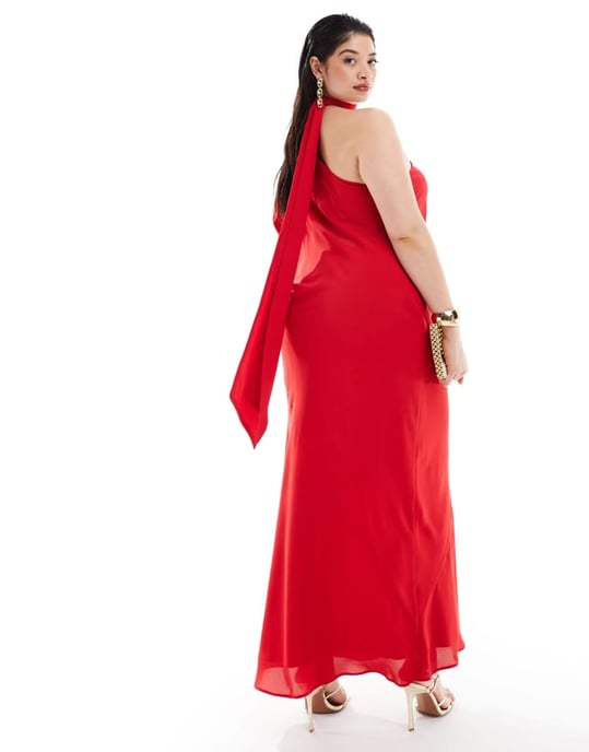 ASOS DESIGN Curve – Exklusiv röd maxiklänning med en ärm och knytringning, fladdermusdetalj - Image 4