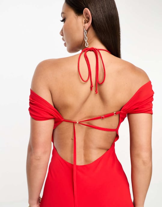 ASOS DESIGN Tall – Röd maxiklänning med kort ärm och axelband, öppen rygg och bias - Image 3
