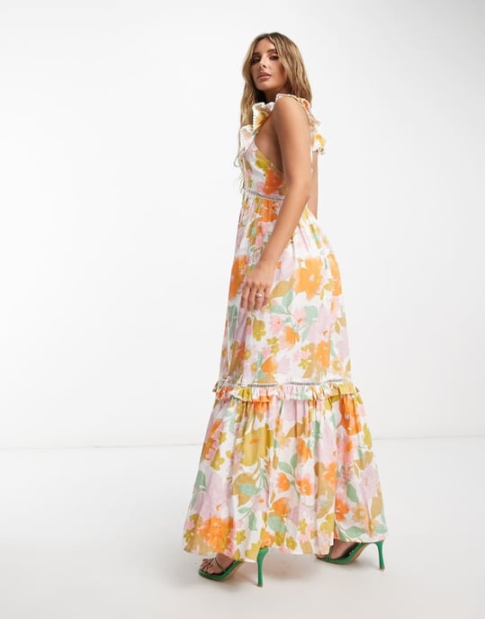 ASOS DESIGN – Volangklänning i maximodell med spetsinsatser i retrostil och blommigt tryck - Image 2