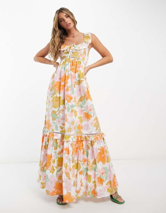 ASOS DESIGN – Volangklänning i maximodell med spetsinsatser i retrostil och blommigt tryck - Image 4