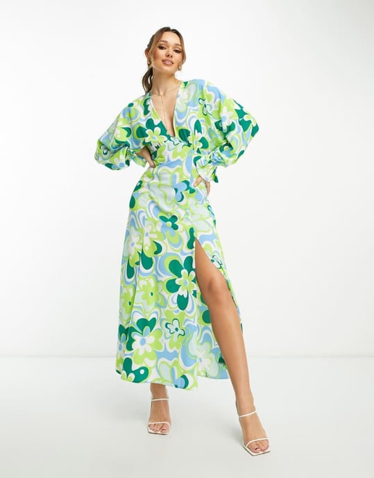 ASOS DESIGN – Grön, retroblommig maxiklänning med urringning och fladdermusmönster - Image 4