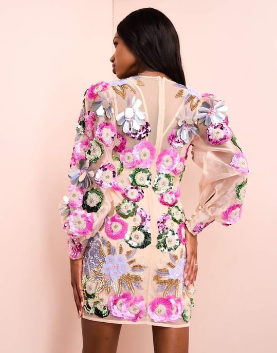 ASOS LUXE – Rosa blommig miniklänning med v-ringning och prydnadsmotiv - Image 4