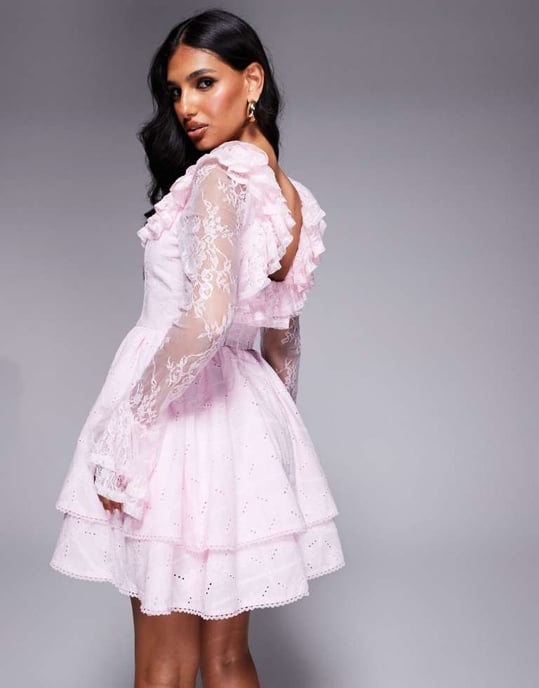 ASOS LUXE broderad corset-lace ärm mini skaterklänning i rosa - Image 4