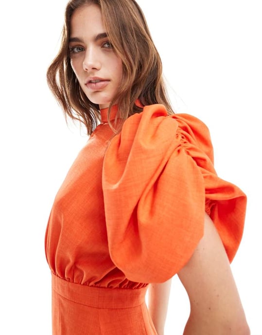 ASOS DESIGN – Orange miniklänning med hög halsringning och volymärmar och insittande kjol - Image 3
