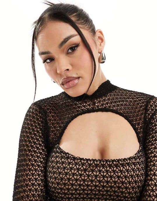 ASOS DESIGN – Svart miniklänning i mesh med långa ärmar och nyckelhålskrage - Image 3