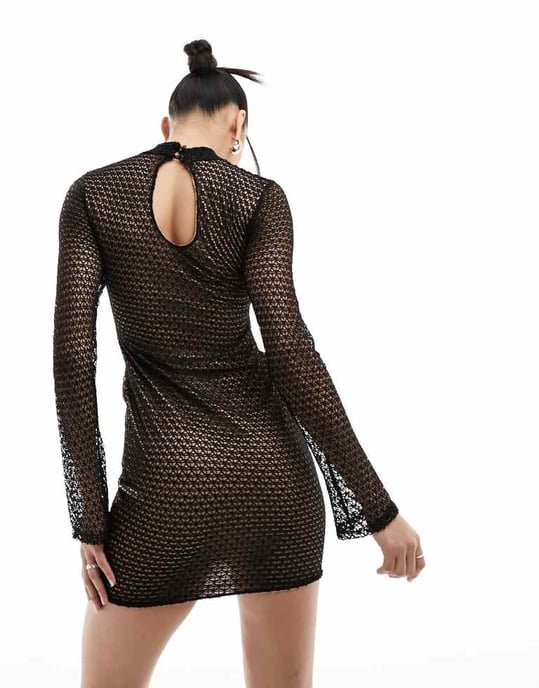 ASOS DESIGN – Svart miniklänning i mesh med långa ärmar och nyckelhålskrage - Image 4