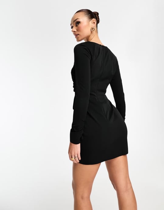 ASOS DESIGN – Svart miniklänning med asymmetrisk halsringning och rynkade ärmar - Image 2