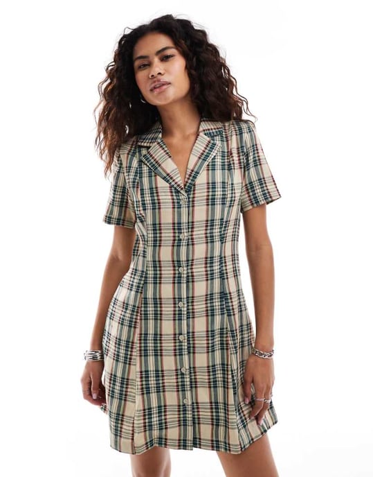 Something New – Marinblå och beige rutig miniskjortklänning med knappar - Image 1