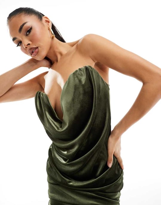 ASOS DESIGN, rynkad korsett, bandeau miniklänning i khaki - Image 3