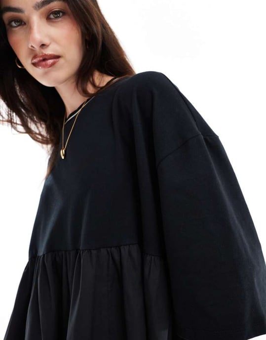 ASOS DESIGN – Svart miniklänning med kort ärm och kontrastfärgad halsringning i poplinmix - Image 2