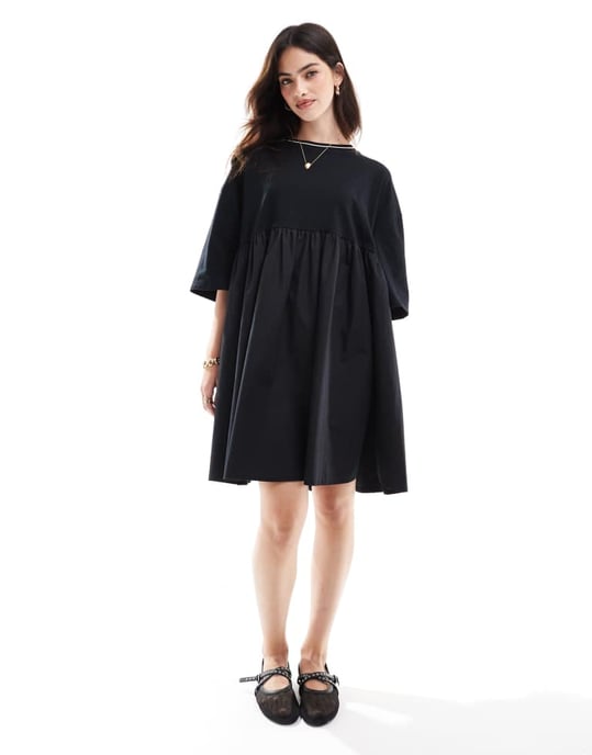 ASOS DESIGN – Svart miniklänning med kort ärm och kontrastfärgad halsringning i poplinmix - Image 3