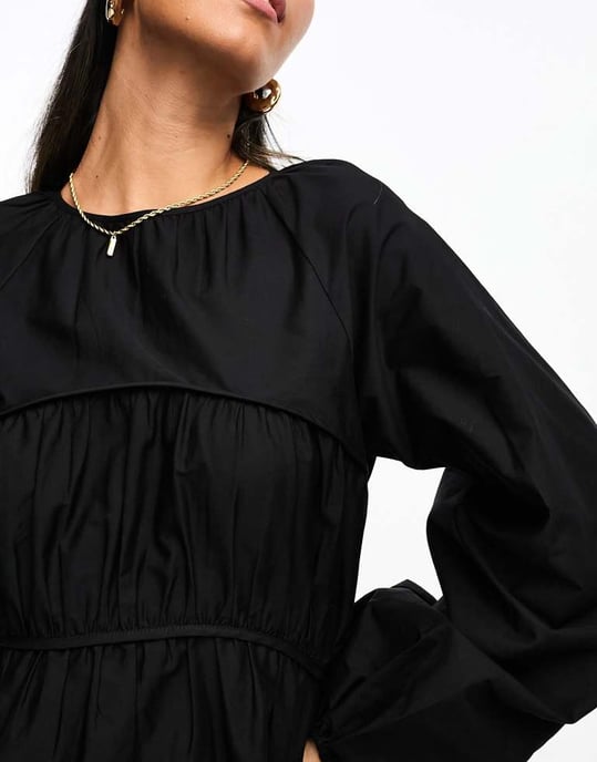 ASOS DESIGN – Svart miniklänning i bomullspoplin med rynkade detaljer vid bysten - Image 3