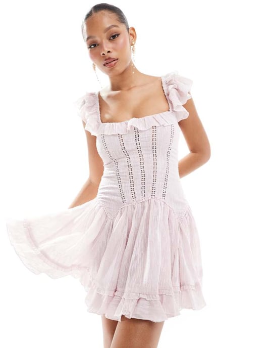 ASOS DESIGN – Rosa miniklänning med volang och korsettdetalj med sänkt midja - Image 4