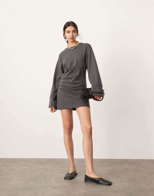 ASOS EDITION – Mörkgrön miniklänning i premiumjersey med långa ärmar - Image 3