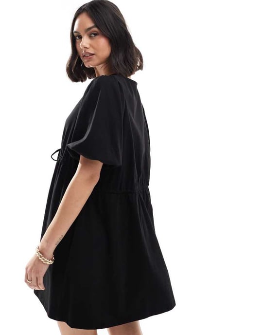 ASOS DESIGN – Svart miniklänning med puffärm och knytband - Image 3