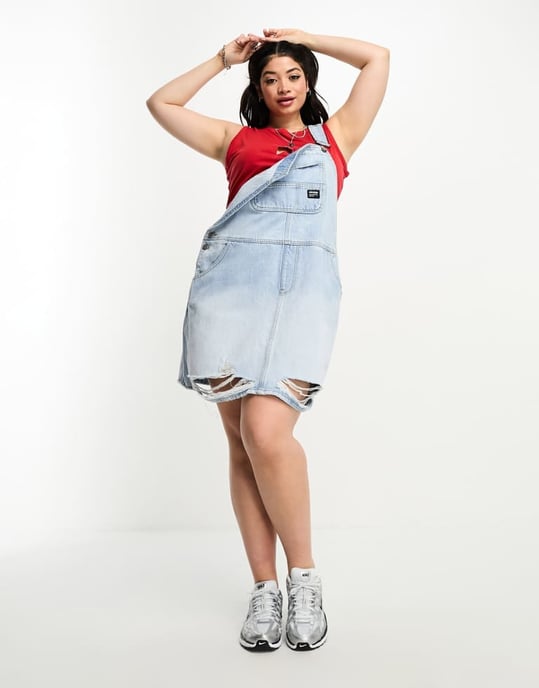 Dr Denim Plus – Blå miniklänning i denim med hängselbyxor - Image 3