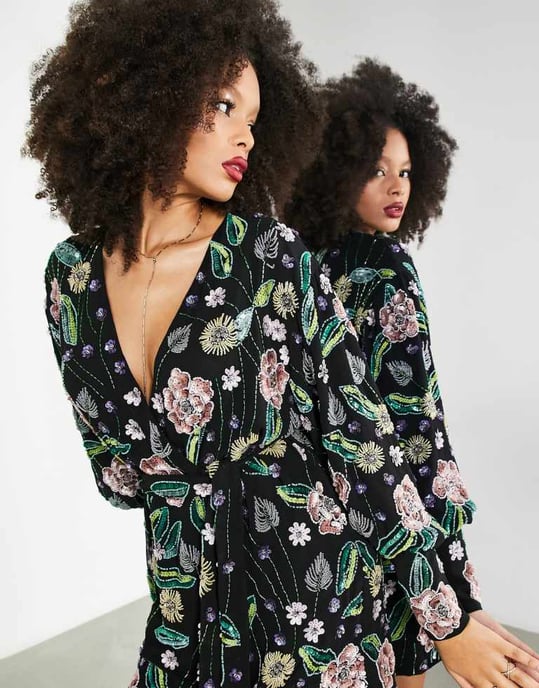 ASOS EDITION – Svart, blommig miniklänning med paljetter och omlottmönster - Image 4